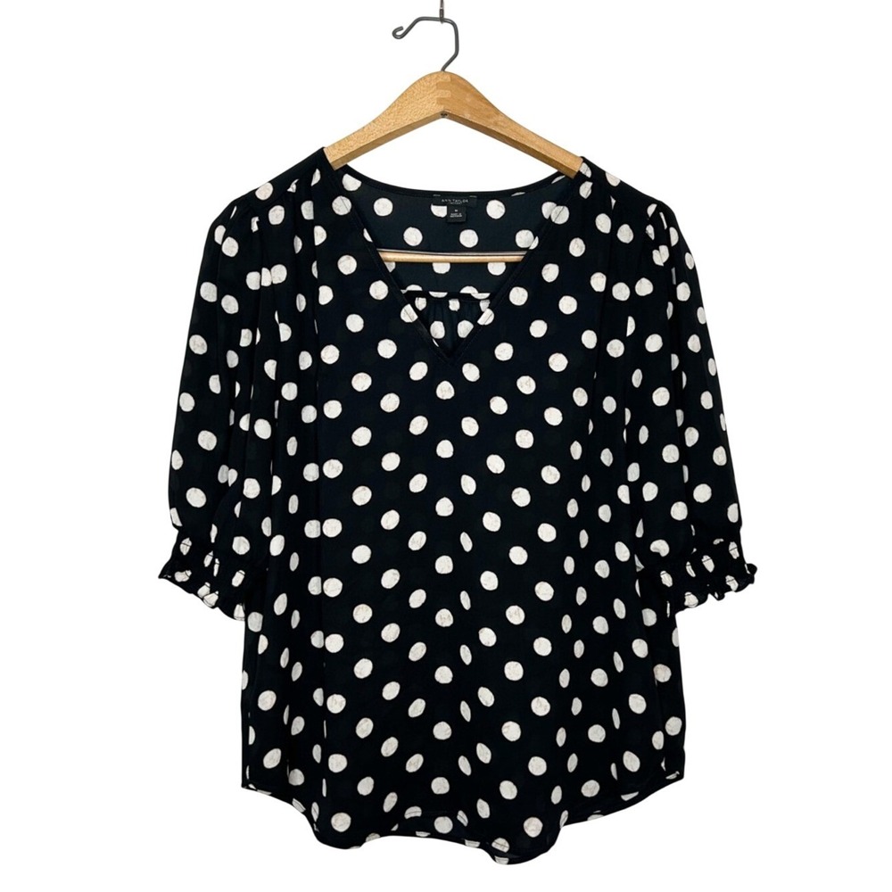 Ann Taylor Polka Dot Blouse Neutral Half Sleeve Business Casual Top Medium M
